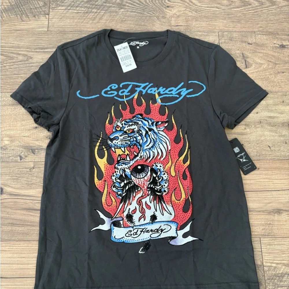 Ed Hardy Black Tee with Vibrant Graphic Rhinestones NWT Medium